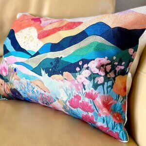 12"x20" Linen Colorful Boho Mountain Landscape Flowers Throw Pillow Cover New